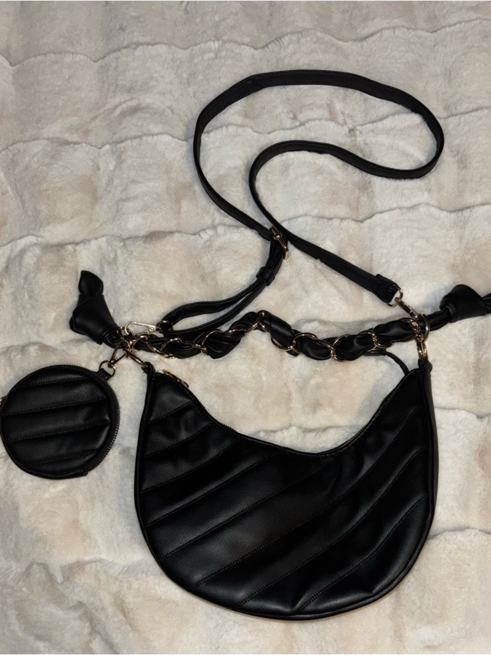 Black Quilted Crescent Shoulder Bag with Coin Pouch